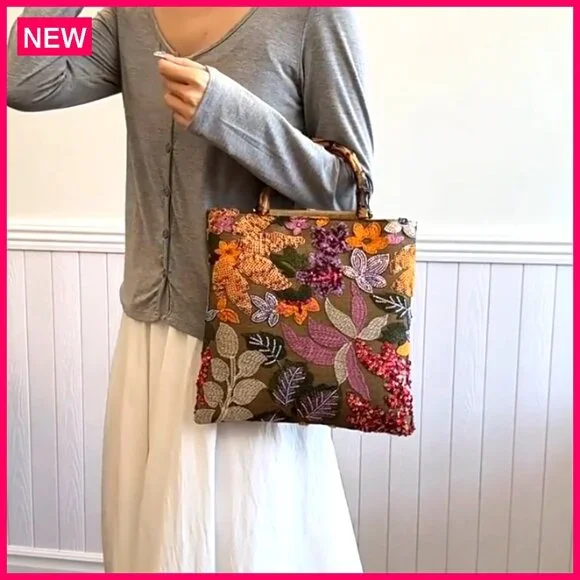 Bamboo Handle Embroidered Clutch Bag, Large Capacity, Retro Style Evening Bag - Picture 8 of 8